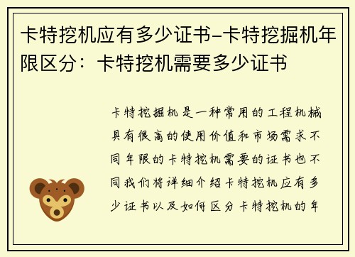 卡特挖机应有多少证书-卡特挖掘机年限区分：卡特挖机需要多少证书